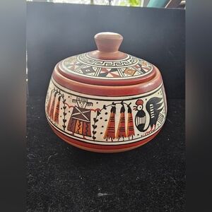 Vintage Handcrafted Peruvian Pottery Bowl With Lid